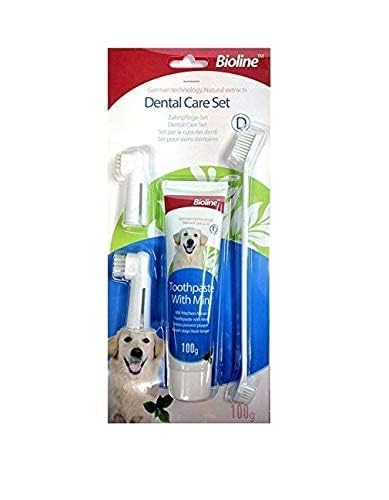 Dental Care Kit Set for Dogs & Puppies - Dual-Head Toothbrush, 2 Finger Brushes, and Mint-Flavored Toothpaste (100g) for Dogs and Puppies