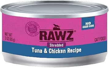 Rawz Natural Premium Canned Cat Wet Food Shredded -12 Pack Cans Variety Bundle Pack -4 Flavors - (Tuna & Salmon, Chicken & Liver, Tuna & Chicken, Chicken) with Hotspot Pets Food Bowl - (3oz Cans) : Pet Supplies