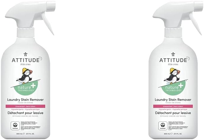 ATTITUDE Laundry Stain Remover for Baby Clothes, Plant and Mineral-Based Ingredients, Vegan and Cruelty-free Household Products, Hypoallergenic, Unscented, 27 Fl Oz (Pack of 2)