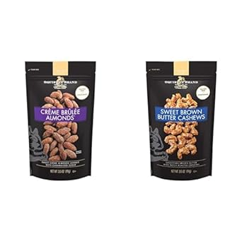 Squirrel Brand Crème Brulee Almonds, 3.5 Oz + Squirrel Brand Sweet Brown Butter Cashews, 3.5 Ounces, Gluten Free, Vegetarian