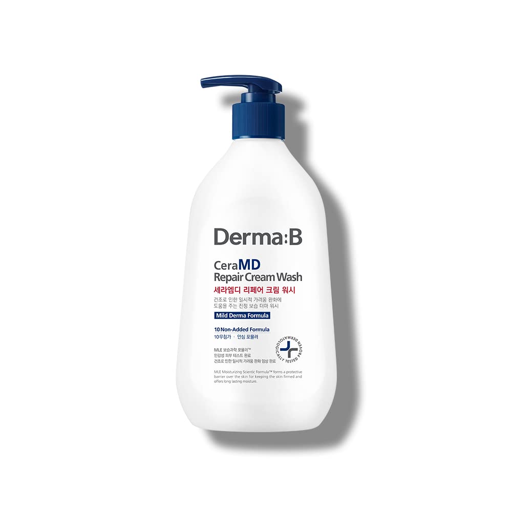 Derma B CeraMD Repair Cream Wash, Unscented Fragrance Free Creamy Face & Body Cleanser for Dry Sensitive Itchy Skin, Deep Moisture Paraben-Free Body Wash, Cream to Foam Cleanser, 13.5 Fl. Oz., 400ml