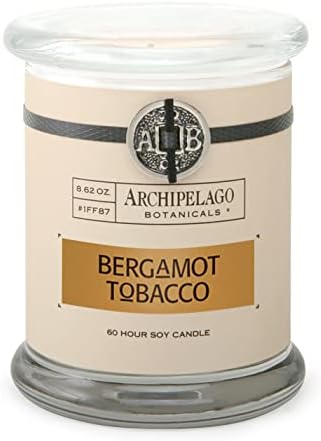 Archipelago Botanicals Soy Candle Hand-Poured Premium Wax, Scented Candle for Home, Burns Approx. 60 Hours, Bergamot Tobacco, Glass Candle Jar, 4.5 Inch, 8.6oz