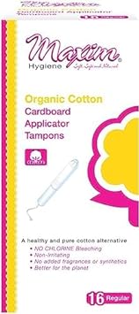 Maxim 100% Certified Organic Cotton Cardboard Applicator Tampons, Regular Absorbency, Unscented, with Easy Grip Applicator, Biodegradable and Compostable, 32ct, 2 Packs