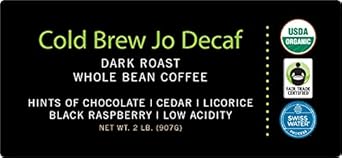 Cold Brew Jo Decaf: 2 Lb. Whole Bean Usda Organic Decaf Coffee, Dark French Roast, Swiss Water Process, Soft Velvety Texture, Low Acidity, Fair Trade Certified, Gluten Free, Non-Gmo, Chemical Free