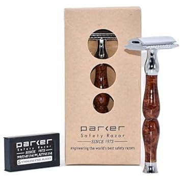 Parker, 45R Heavyweight Double Edge Safety Razor – 3 Piece Design With 4 Inch Handle - Solid Brass Frame For Durability –5 Parker Double Edge Razor Blades Included
