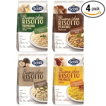 4 Pack, Italian Risotto, Carnaroli Rice, Riso Scotti, Ready Meals, Easy to Cook, Italian Seasoned Risotto, Easy Dinner Side Dish, Just Add Water and Heat, Variety Pack, 7.4 oz, 2-3 servings