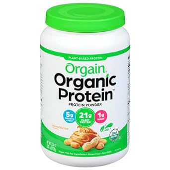 Orgain Organic Vegan Protein Powder, Peanut Butter - 21g of Plant Based Protein, Low Net Carbs, Non Dairy, Gluten Free, Lactose Free, No Sugar Added, Soy Free, Kosher, Non-GMO, 2.03 Pound