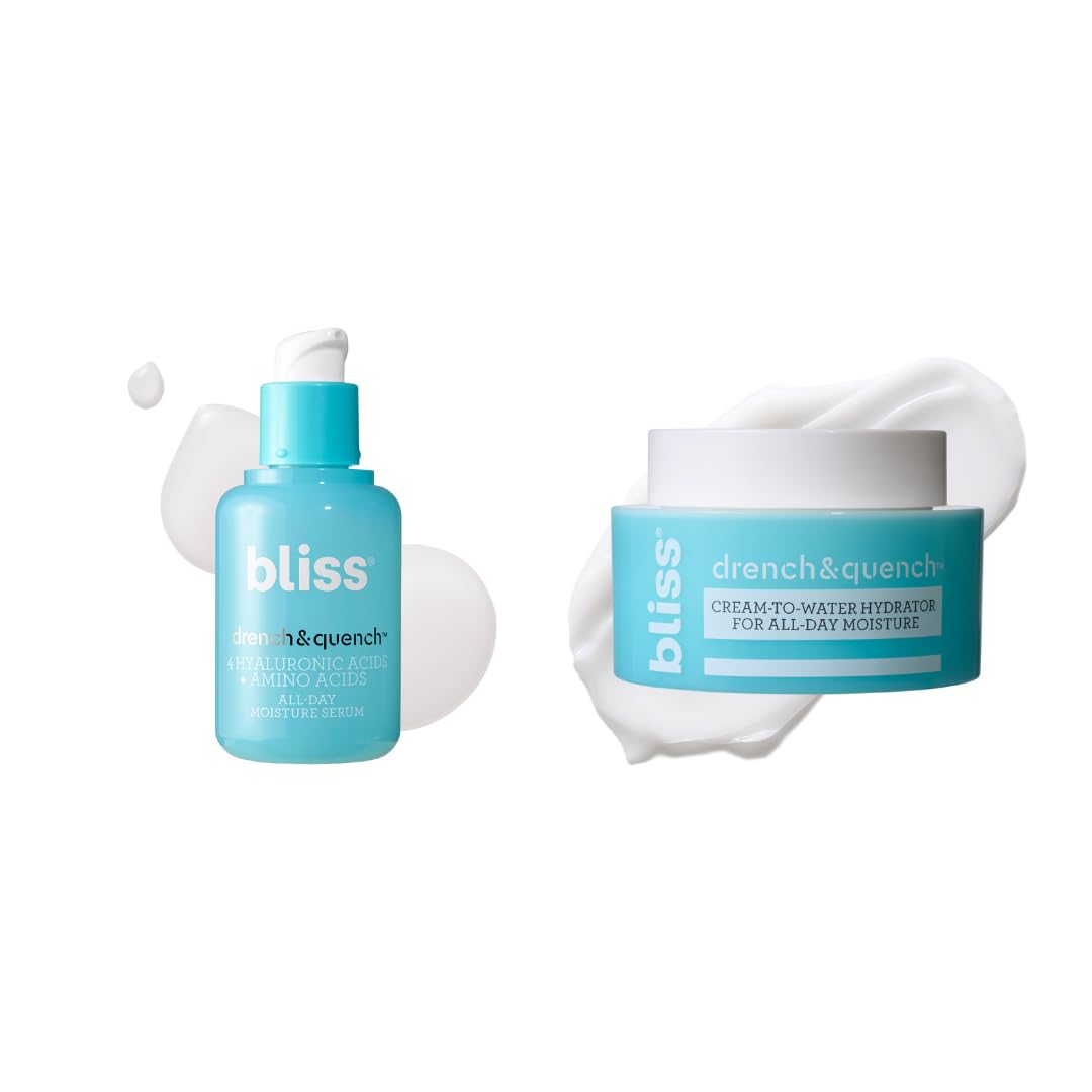 Bliss Hyaluronic Acid Drench & Quench Serum + Moitsturizer– Hydrating Ingredients For Dry, Sensitive Skin - Lightweight Gel Formula For Deep Hydration & Plump Skin - Clean, Cruelty-Free - 1 Fl Oz
