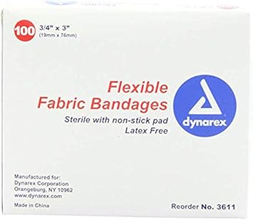 Dynarex Fabric Adhesive Bandages - Sterile & Flexible Fabric Bandages For Wounds - Non-Stick Pads - Individually-Wrapped First Aid Supplies - No Latex - 3/4X3", 100 Count(Pack Of 1)