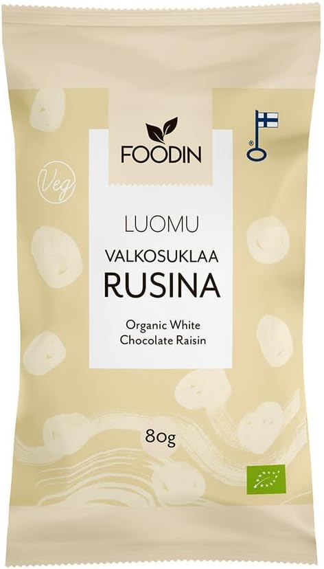 Foodin White Raw Chocolate Coated Raisins 80G – Organic, Vegan, No Added Sugar, Dairy-Free, Naturally Sweet Snack