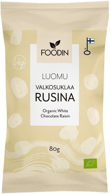 Foodin White Raw Chocolate Coated Raisins 80G – Organic, Vegan, No Added Sugar, Dairy-Free, Naturally Sweet Snack