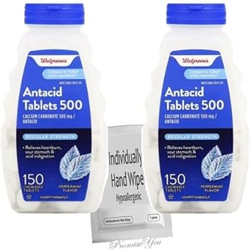 Regular Strength Walgreens Antacid Chewable Tablets And A Hypo-Allergenic Hand Wipe Packet (Peppermint 500 Mg (Regular Strength))