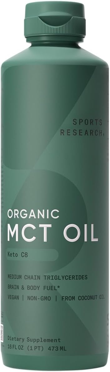 Sports Research Organic Mct Oil - Vegan & Keto C8, Mcts From Coconuts - Fatty Acid Brain & Body Fuel, Non-Gmo & Gluten Free - Flavorless Oil, Perfect In Coffee, Tea & Protein Shakes - 16 Oz