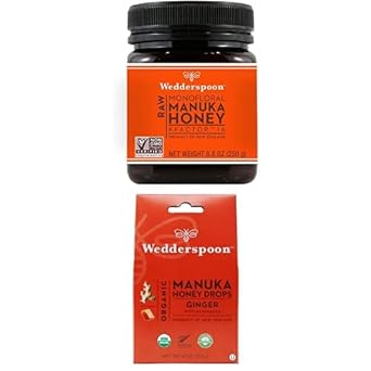 Wedderspoon Raw Premium Manuka Honey Kfactor 16 (8.8 Oz, Pack Of 1) And Manuka Honey Drops Ginger & Echinacea (20 Count, Pack Of 1) - Genuine New Zealand Honey, Perfect Remedy For Dry Throats