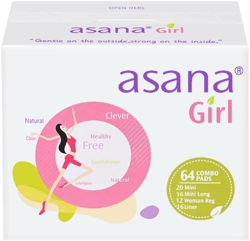 Asana Natural Teen Period Pads Combo Pack (Mini, Mini Long, Liner, and Women Reg - Chlorine Free & Chemical Free, Organic Cotton Cover (Tween, Teen 64 Count)