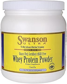 Swanson Grass Fed Cold Pressed Certified rBGH Free Hormone Free Vanilla Whey Protein Powder with Aminogen Enzyme Sports Nutrition Muscle Workout Support 14.8 s (420 g)