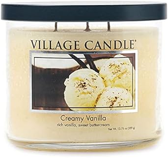 Village Candle Creamy Vanilla Medium Bowl Three Wick Candle, 14 Net Ounces, Ivory