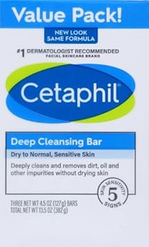 Cetaphil Bar Soap, Deep Cleansing Face And Body Bar, Pack Of 3, For Dry To Normal, Sensitive Skin, Soap Free, Hypoallergenic, Paraben Free, Removes Makeup, Dirt And Oil