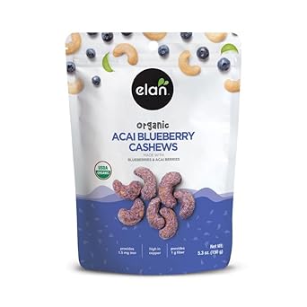Elan Organic Acai Blueberry Cashews, Non-GMO, Vegan, Gluten-Free, Kosher, Glazed Nuts (Roasted Cashews, Acai Berry Powder, Blueberry Juice Powder), Superfood Infused Nuts, 8 pack of 5.3 oz