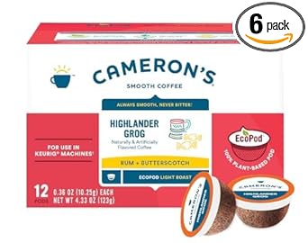 Cameron's Coffee Single Serve Pods, Light Roast, Flavored - Highlander Grog, 12 Count (Pack of 6)