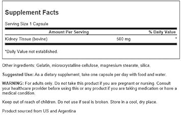 Swanson Raw Kidney Glandular 500 Milligrams 60 Capsules