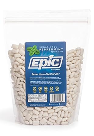 Epic Xylitol Chewing Gum - Sugar Free & Aspartame Free Chewing Gum Sweetened w/Xylitol for Dry Mouth & Gum Health (Peppermint, 1000-Piece Bag, 1 Bag)