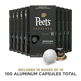 Peet's Coffee, Dark Roast Espresso Pods, Nerissimo Intensity 11, 100 Count (10 Boxes of 10 Espresso Capsules)