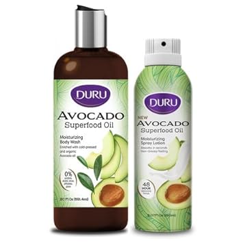 Duru Avocado Bundle Spray Lotion & Body Wash - Spray Moisturizer For Body Skin Care Products Body Wash For Dry Skin Repair 48 Hour Moisture Superfood Oils Skin Body Lotion And Wash For Women Men Kids