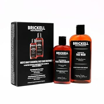 Brickell Men's Daily Essential Face Care Routine I, Gel Facial Cleanser Wash and Face Moisturizer Lotion, Natural and Organic, Unscented, Skincare Gift Set