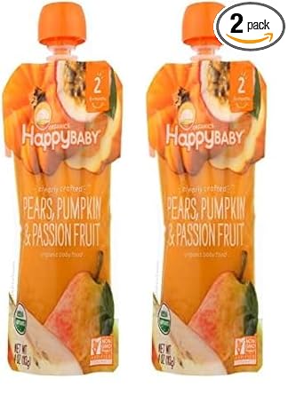 Happy Baby Organics Stage 2 Baby Food Pouches, Gluten Free, Vegan & Healthy Snack, Clearly Crafted Fruit & Veggie Puree, Pears Pumpkin & Passion Fruit, 4 Ounces (Pack Of 2)