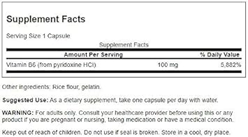 Swanson B6 Pyridoxine - Vitamin Supplement Promoting Cardiovascular Health & Energy Metabolism - Natural Formula Promoting Overall Wellness - (250 Capsules, 100Mg Each)
