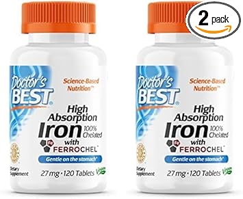 Doctor'S Best High Absorption Iron Tablet With Ferrochel, Gentle On The Stomach, Immune Health, Blood Health, 27 Mg (Pack Of 2)