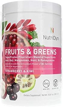 Nutridyn Fruits & Greens Strawberry/Kiwi Flavor *Certified Organic* W/ Acai, Gogi, Mangosteen, Noni & Pomegranate Super Fruits 300 Grams (Strawberry Kiki)