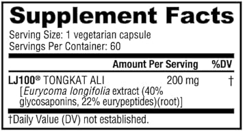 NutraBio Tongkat Ali LJ 100 - Eurycoma Longifolia Extract Supplement - 200mg per Capsule, 60 Servings : Health & Household