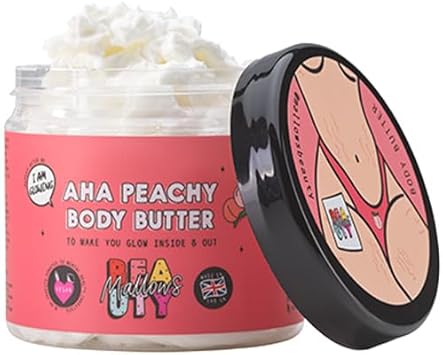 Mallows Beauty Aha Peachy Shea Body Butter, With Essential Oils, Vitamin A,Vitamin E, And Shea Butter, Gently Exfoliates And Brightens Skin, Vegan, 180G