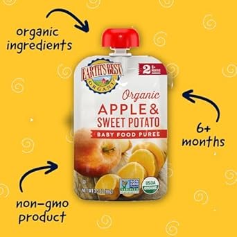 Earth'S Best Organic Baby Food Pouches, Stage 2 Fruit And Vegetable Puree For Babies 6 Months And Older, Organic Sweet Potato And Apple Puree, 3.5 Oz Resealable Pouch (Pack Of 12) (Packaging May Vary)