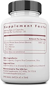 Ancestral Supplements Grass Fed Beef Bone And Marrow Supplement, 3000Mg, Skin, Oral Health, And Joint Support Supplement, Promotes Whole-Body Wellness, Non Gmo Whole Bone Extract, 180 Capsules