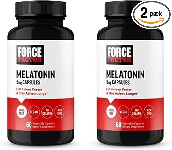 Force Factor Melatonin 5Mg, Drug-Free Supplement, Vegan, Non-Gmo, 60 Vegetable Capsules (Pack Of 2)