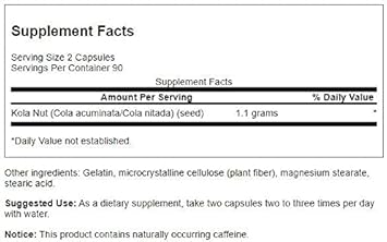 Swanson Full Spectrum Kola Nut Energy Mental Physical Performance Support 550 Milligrams 180 Capsules