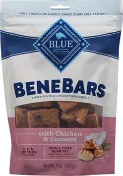 Blue Buffalo Benebars Skin & Coat Support Dog Treats With Omega 3 & 6 Fatty Acids, Made With Natural Ingredients, Usa Chicken & Coconut, 9-Oz. Bag