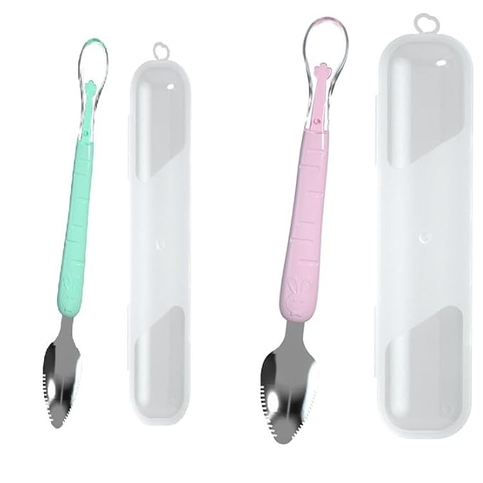 Soft Silicone Baby Feeding Spoons with Storage Box | Dual-End Design for Fruits & Purees (2 Pcs with Box)