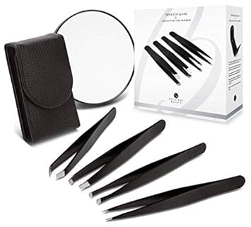 Brilliant Beauty 4-Piece Professional Tweezer Set With Case & Mirror By Precision Tweezers Kit Slant, Pointed, Curved & Flat Tips For Eyebrow, Ingrown Hair, Splinter Removal, Black, 1 Count