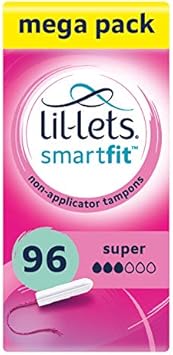 Lil-Lets Non-Applicator Super Tampons X 96, (6 Packs of 16 Tampons), for Medium to Heavy Flow, 3 Droplets, Plant-Based, SmartFit™ Non-App Tampon