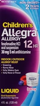 Allegra Children'S 12Hr Allergy Relief Non-Drowsy Antihistamine Liquid, Berry Flavor, Alcohol-Free & Dye-Free, Fexofenadine Hcl, 4 Oz