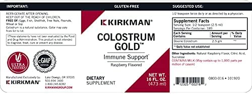 Kirkman Colostrum Gold Immune Support Supplement, 16 Fl Oz, Raspberry Flavored Liquid Bovine Colostrum, Supports Muscle, Skin & Cartilage Tissue Growth, Antibiotic & Added Hormone Free… : Health & Household