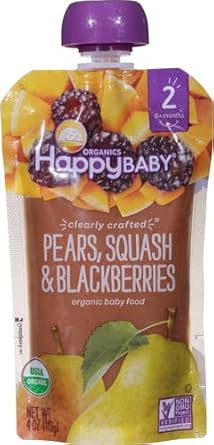 Happy Baby Organics Baby Food Pear Squash & Blackberries, 4 Oz Pouch (Pack Of 5)