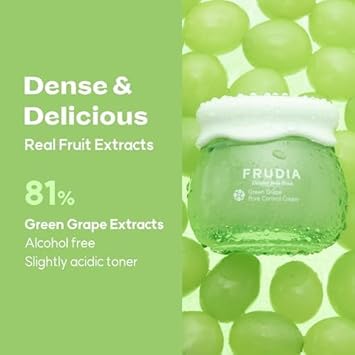 Frudia Green Grape Pore Control Face Cream, Vegan Korean Face Moisturizer W/81% Green Grape Extract, Tannin Pore Complex & Anti Sebum P For Pore Minimizing (0.35 Fl Oz)