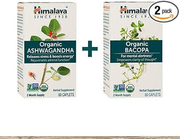 Himalaya Organic Ashwagandha + Organic Bacopa Brain Booster Kit, Ashwagandha 670 Mg For Energy Boost & Stress Relief + Bacopa 750Mg Nootropic Brain Booster For Mental Focus, Memory And Clarity