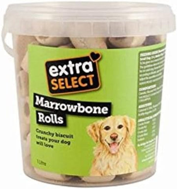 Extra Select Marrowbone Rolls Dog Treat Biscuits - Crunchy Dog Biscuits & Snacks with Meaty Center - Marrow Bone Puppy Treats & Bedtime Biscuits for Dogs - 1 Litre Resealable Tub?01SBT14
