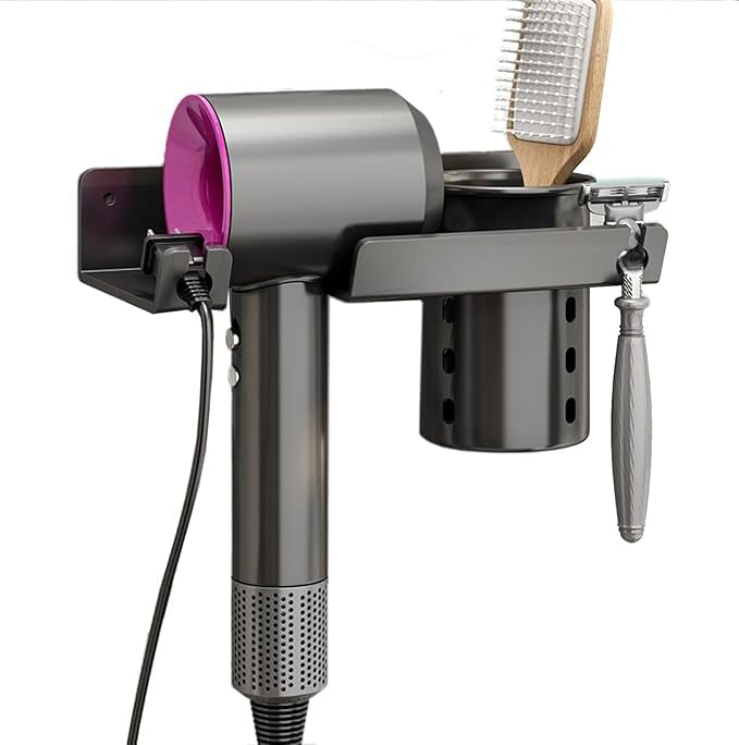INFINIBYTE Hair Dryer Holder Wall Mount – Multi-Function Organizer for Hair Dryer & Straightener, Space-Saving Stand for Bathroom, Salon, Dressing Table